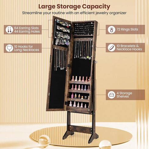 Giantex Jewelry Cabinet with Full-Length Mirror, Standing Jewelry Armoire Organizer with 64 Earring Slots, 20 Necklace Hooks, 72 Ring Slots, 4 Storage Shelves, 3 Angle Adjustable, Rustic Brown in Saudi Arabia