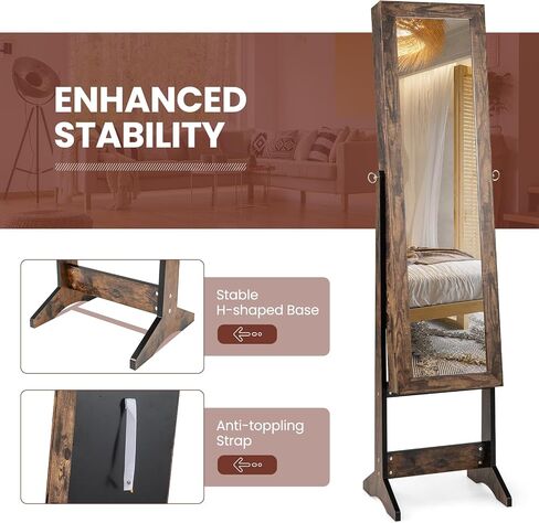 Giantex Jewelry Cabinet with Full-Length Mirror, Standing Jewelry Armoire Organizer with 64 Earring Slots, 20 Necklace Hooks, 72 Ring Slots, 4 Storage Shelves, 3 Angle Adjustable, Rustic Brown in Saudi Arabia
