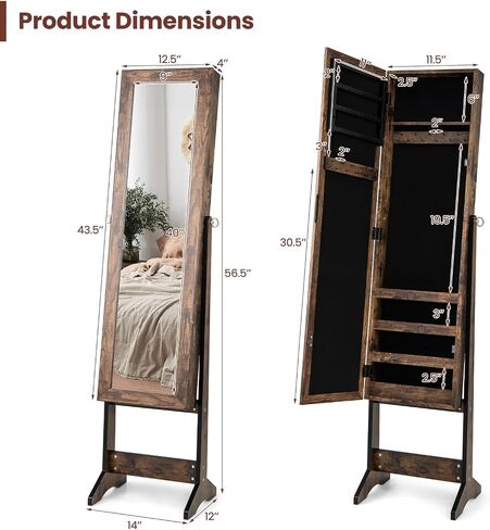 Giantex Jewelry Cabinet with Full-Length Mirror, Standing Jewelry Armoire Organizer with 64 Earring Slots, 20 Necklace Hooks, 72 Ring Slots, 4 Storage Shelves, 3 Angle Adjustable, Rustic Brown in Saudi Arabia