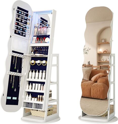 360°Swivel Jewelry Organizer with 3 LED lights and 4 Lockable Wheels for Bedroom,Standing Jewelry Mirror Cabinet with Drawer and 4 Rear Racks,Christmas Gift for Women(White) in Saudi Arabia