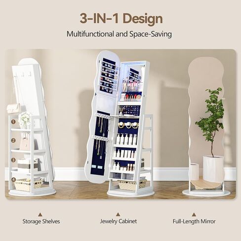 360°Swivel Jewelry Organizer with 3 LED lights and 4 Lockable Wheels for Bedroom,Standing Jewelry Mirror Cabinet with Drawer and 4 Rear Racks,Christmas Gift for Women(White) in Saudi Arabia