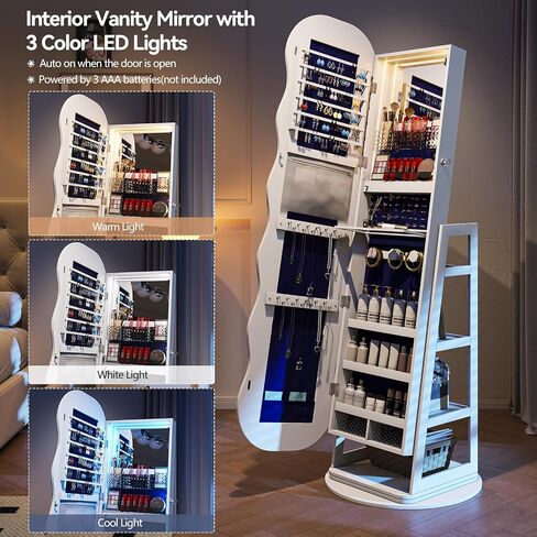 360°Swivel Jewelry Organizer with 3 LED lights and 4 Lockable Wheels for Bedroom,Standing Jewelry Mirror Cabinet with Drawer and 4 Rear Racks,Christmas Gift for Women(White) in Saudi Arabia