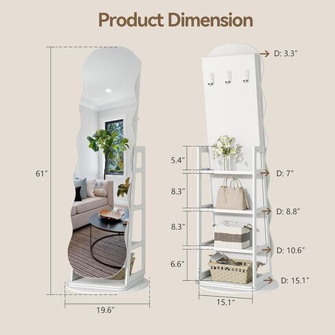 360°Swivel Jewelry Organizer with 3 LED lights and 4 Lockable Wheels for Bedroom,Standing Jewelry Mirror Cabinet with Drawer and 4 Rear Racks,Christmas Gift for Women(White) in Saudi Arabia
