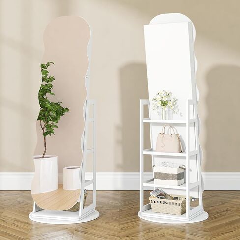 360°Swivel Jewelry Organizer with 3 LED lights and 4 Lockable Wheels for Bedroom,Standing Jewelry Mirror Cabinet with Drawer and 4 Rear Racks,Christmas Gift for Women(White) in Saudi Arabia