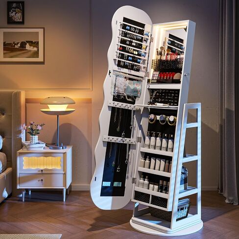 360°Swivel Jewelry Organizer with 3 LED lights and 4 Lockable Wheels for Bedroom,Standing Jewelry Mirror Cabinet with Drawer and 4 Rear Racks,Christmas Gift for Women(White) in Saudi Arabia