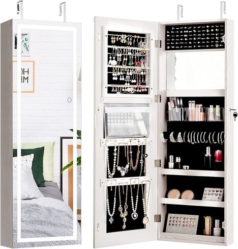 Giantex Jewelry Cabinet Armoire Door Wall Mount, 47.2in Lockable Touch Screen Lighted Full Length Mirror, 3 Lighting Settings, Inside Makeup Mirror, Jewelry Storage Box Organizer (Grayish White) in Saudi Arabia