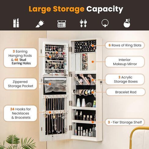 Giantex Jewelry Cabinet Armoire Door Wall Mount, 47.2in Lockable Touch Screen Lighted Full Length Mirror, 3 Lighting Settings, Inside Makeup Mirror, Jewelry Storage Box Organizer (Grayish White) in Saudi Arabia