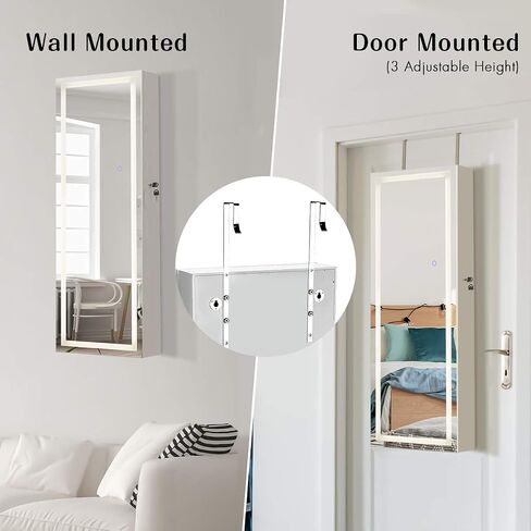 Giantex Jewelry Cabinet Armoire Door Wall Mount, 47.2in Lockable Touch Screen Lighted Full Length Mirror, 3 Lighting Settings, Inside Makeup Mirror, Jewelry Storage Box Organizer (Grayish White) in Saudi Arabia