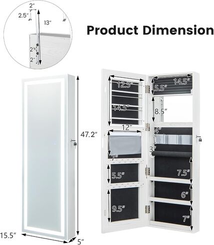 Giantex Jewelry Cabinet Armoire Door Wall Mount, 47.2in Lockable Touch Screen Lighted Full Length Mirror, 3 Lighting Settings, Inside Makeup Mirror, Jewelry Storage Box Organizer (Grayish White) in Saudi Arabia