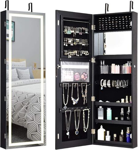 Giantex Jewelry Cabinet Armoire Door Wall Mount ، 47.2in شاشة تعمل باللمس القابلة للقفل مرآة كاملة الطول ، 3 إعدادات إضاءة ، مرآة المكياج ، منظم صندوق تخزين المجوهرات (أبيض رمادي) in Saudi Arabia