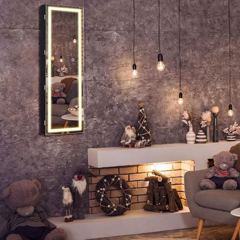 Giantex Jewelry Cabinet Armoire Door Wall Mount ، 47.2in شاشة تعمل باللمس القابلة للقفل مرآة كاملة الطول ، 3 إعدادات إضاءة ، مرآة المكياج ، منظم صندوق تخزين المجوهرات (أبيض رمادي) in Saudi Arabia