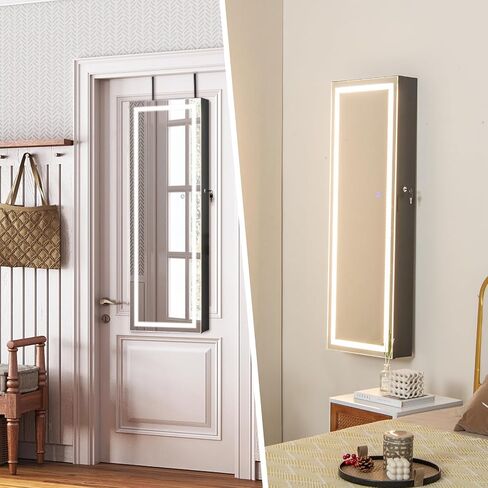 Giantex Jewelry Cabinet Armoire Door Wall Mount ، 47.2in شاشة تعمل باللمس القابلة للقفل مرآة كاملة الطول ، 3 إعدادات إضاءة ، مرآة المكياج ، منظم صندوق تخزين المجوهرات (أبيض رمادي) in Saudi Arabia