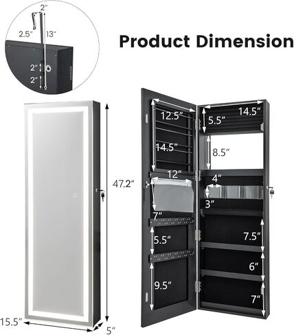 Giantex Jewelry Cabinet Armoire Door Wall Mount ، 47.2in شاشة تعمل باللمس القابلة للقفل مرآة كاملة الطول ، 3 إعدادات إضاءة ، مرآة المكياج ، منظم صندوق تخزين المجوهرات (أبيض رمادي) in Saudi Arabia