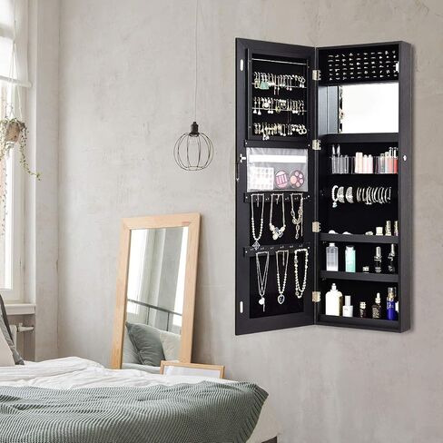 Giantex Jewelry Cabinet Armoire Door Wall Mount ، 47.2in شاشة تعمل باللمس القابلة للقفل مرآة كاملة الطول ، 3 إعدادات إضاءة ، مرآة المكياج ، منظم صندوق تخزين المجوهرات (أبيض رمادي) in Saudi Arabia
