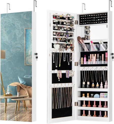 CHARMAID Jewelry Cabinet Wall or Door Mounted, Hanging Lockable Jewelry Armoire Storage with Full Length Mirror, Interior Makeup Mirror, Over the Door Jewelry Organizer Box with Mirror (White) in Saudi Arabia