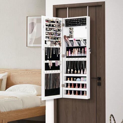CHARMAID Jewelry Cabinet Wall or Door Mounted, Hanging Lockable Jewelry Armoire Storage with Full Length Mirror, Interior Makeup Mirror, Over the Door Jewelry Organizer Box with Mirror (White) in Saudi Arabia