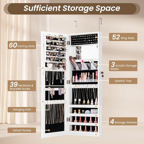 CHARMAID Jewelry Cabinet Wall or Door Mounted, Hanging Lockable Jewelry Armoire Storage with Full Length Mirror, Interior Makeup Mirror, Over the Door Jewelry Organizer Box with Mirror (White) in Saudi Arabia