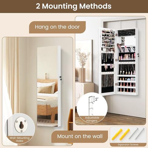 CHARMAID Jewelry Cabinet Wall or Door Mounted, Hanging Lockable Jewelry Armoire Storage with Full Length Mirror, Interior Makeup Mirror, Over the Door Jewelry Organizer Box with Mirror (White) in Saudi Arabia