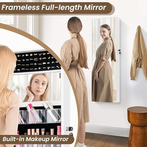 CHARMAID Jewelry Cabinet Wall or Door Mounted, Hanging Lockable Jewelry Armoire Storage with Full Length Mirror, Interior Makeup Mirror, Over the Door Jewelry Organizer Box with Mirror (White) in Saudi Arabia