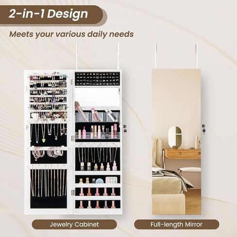 CHARMAID Jewelry Cabinet Wall or Door Mounted, Hanging Lockable Jewelry Armoire Storage with Full Length Mirror, Interior Makeup Mirror, Over the Door Jewelry Organizer Box with Mirror (White) in Saudi Arabia