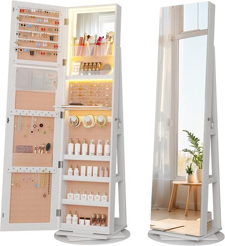 خزانة مجوهرات LED LED LED مع مرآة كاملة الطول 360 درجة ، منظم المجوهرات الكبير ARMOIRE مرآة قابلة للقفل مع تخزين المجوهر in Kuwait