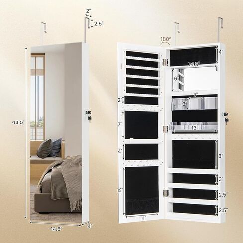 CHARMAID Jewelry Cabinet Wall or Door Mounted, Hanging Lockable Jewelry Armoire Storage with Full Length Mirror, Interior Makeup Mirror, Over the Door Jewelry Organizer Box with Mirror (White) in Saudi Arabia