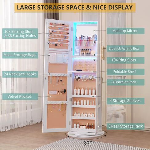 خزانة مجوهرات LED LED LED مع مرآة كاملة الطول 360 درجة ، منظم المجوهرات الكبير ARMOIRE مرآة قابلة للقفل مع تخزين المجوهر in Kuwait