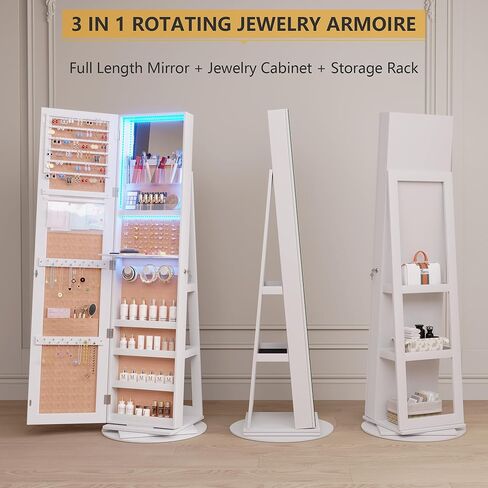 خزانة مجوهرات LED LED LED مع مرآة كاملة الطول 360 درجة ، منظم المجوهرات الكبير ARMOIRE مرآة قابلة للقفل مع تخزين المجوهر in Kuwait