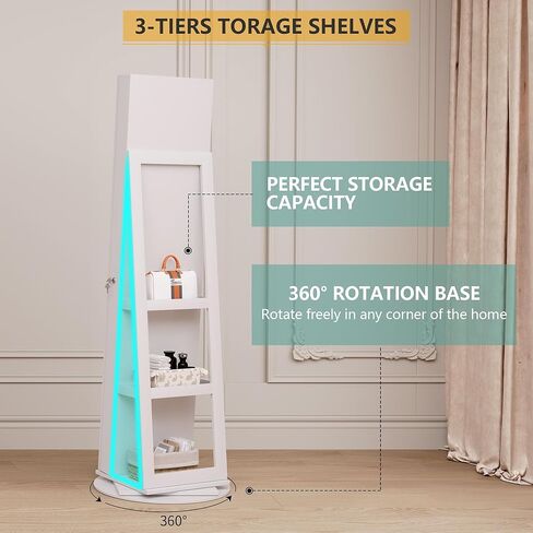 خزانة مجوهرات LED LED LED مع مرآة كاملة الطول 360 درجة ، منظم المجوهرات الكبير ARMOIRE مرآة قابلة للقفل مع تخزين المجوهر in Kuwait