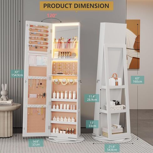 خزانة مجوهرات LED LED LED مع مرآة كاملة الطول 360 درجة ، منظم المجوهرات الكبير ARMOIRE مرآة قابلة للقفل مع تخزين المجوهر in Kuwait