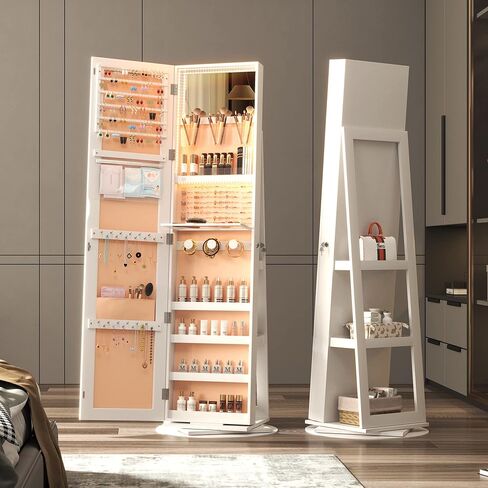 خزانة مجوهرات LED LED LED مع مرآة كاملة الطول 360 درجة ، منظم المجوهرات الكبير ARMOIRE مرآة قابلة للقفل مع تخزين المجوهر in Kuwait