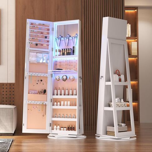 خزانة مجوهرات LED LED LED مع مرآة كاملة الطول 360 درجة ، منظم المجوهرات الكبير ARMOIRE مرآة قابلة للقفل مع تخزين المجوهر in Kuwait