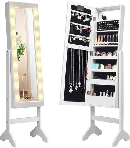 Giantex Standing Jewelry Armoire with 18 LED Lights Around the Door, Large Storage Mirrored Jewelry Cabinet with Full Length Mirror, 16 Lipstick Holders, 1 Inside Makeup Mirror (White) in Saudi Arabia