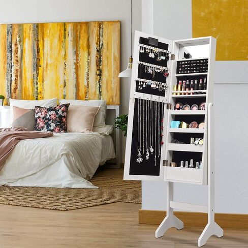 Giantex Standing Jewelry Armoire with 18 LED Lights Around the Door, Large Storage Mirrored Jewelry Cabinet with Full Length Mirror, 16 Lipstick Holders, 1 Inside Makeup Mirror (White) in Saudi Arabia
