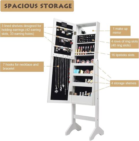 Giantex Standing Jewelry Armoire with 18 LED Lights Around the Door, Large Storage Mirrored Jewelry Cabinet with Full Length Mirror, 16 Lipstick Holders, 1 Inside Makeup Mirror (White) in Saudi Arabia