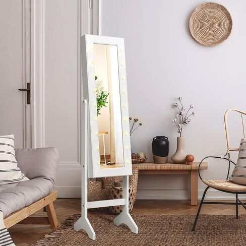 Giantex Standing Jewelry Armoire with 18 LED Lights Around the Door, Large Storage Mirrored Jewelry Cabinet with Full Length Mirror, 16 Lipstick Holders, 1 Inside Makeup Mirror (White) in Saudi Arabia