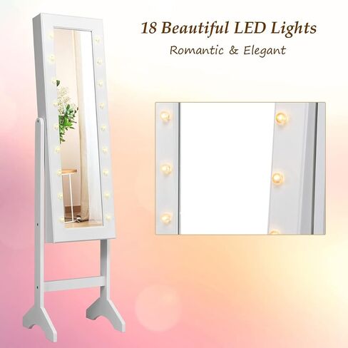 Giantex Standing Jewelry Armoire with 18 LED Lights Around the Door, Large Storage Mirrored Jewelry Cabinet with Full Length Mirror, 16 Lipstick Holders, 1 Inside Makeup Mirror (White) in Saudi Arabia