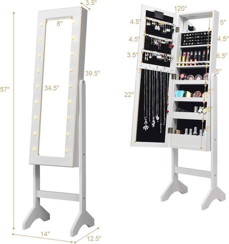 Giantex Standing Jewelry Armoire with 18 LED Lights Around the Door, Large Storage Mirrored Jewelry Cabinet with Full Length Mirror, 16 Lipstick Holders, 1 Inside Makeup Mirror (White) in Saudi Arabia