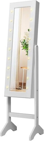 Giantex Standing Jewelry Armoire with 18 LED Lights Around the Door, Large Storage Mirrored Jewelry Cabinet with Full Length Mirror, 16 Lipstick Holders, 1 Inside Makeup Mirror (White) in Saudi Arabia