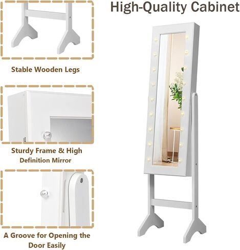 Giantex Standing Jewelry Armoire with 18 LED Lights Around the Door, Large Storage Mirrored Jewelry Cabinet with Full Length Mirror, 16 Lipstick Holders, 1 Inside Makeup Mirror (White) in Saudi Arabia