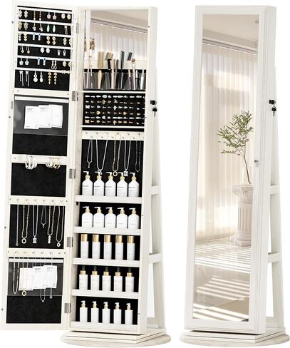 Jewelry Armoire Cabinet Standing 360° Swivel Jewelry Organizer with Storage Shelves LED Lights Jewelry Storage whit Wheels Storage Shelves in Saudi Arabia