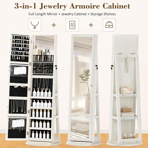 Jewelry Armoire Cabinet Standing 360° Swivel Jewelry Organizer with Storage Shelves LED Lights Jewelry Storage whit Wheels Storage Shelves in Saudi Arabia