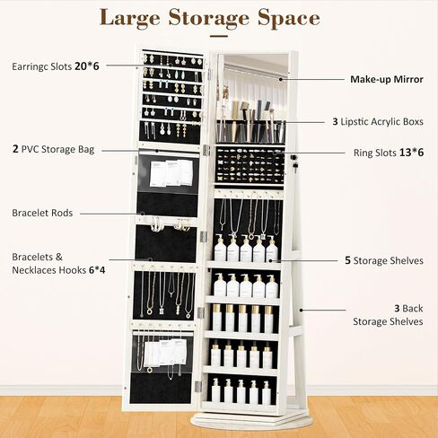 Jewelry Armoire Cabinet Standing 360° Swivel Jewelry Organizer with Storage Shelves LED Lights Jewelry Storage whit Wheels Storage Shelves in Saudi Arabia