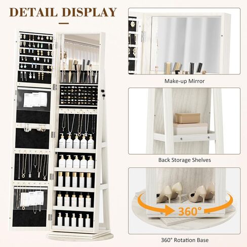Jewelry Armoire Cabinet Standing 360° Swivel Jewelry Organizer with Storage Shelves LED Lights Jewelry Storage whit Wheels Storage Shelves in Saudi Arabia