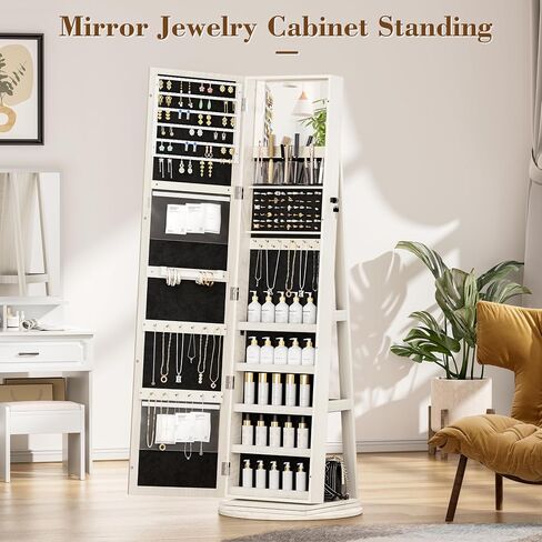 Jewelry Armoire Cabinet Standing 360° Swivel Jewelry Organizer with Storage Shelves LED Lights Jewelry Storage whit Wheels Storage Shelves in Saudi Arabia
