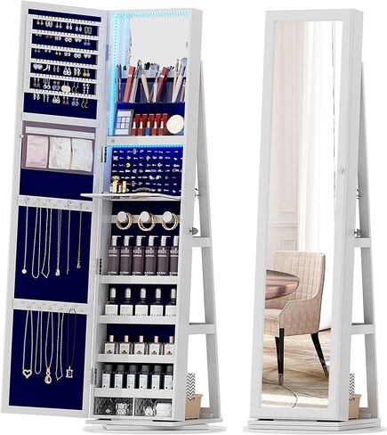 OUTDOOR DOIT 360° Rotating LED Jewelry Armoire with Lockable,Full Length Mirror Large Capacity 3 Color Dimmable Jewelry Organizer Armoire,Floor Standing Mirror with Back Storage Shelves for Bedroom in Saudi Arabia