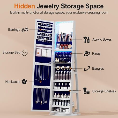 OUTDOOR DOIT 360° Rotating LED Jewelry Armoire with Lockable,Full Length Mirror Large Capacity 3 Color Dimmable Jewelry Organizer Armoire,Floor Standing Mirror with Back Storage Shelves for Bedroom in Saudi Arabia