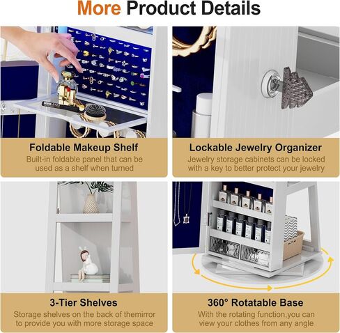 OUTDOOR DOIT 360° Rotating LED Jewelry Armoire with Lockable,Full Length Mirror Large Capacity 3 Color Dimmable Jewelry Organizer Armoire,Floor Standing Mirror with Back Storage Shelves for Bedroom in Saudi Arabia