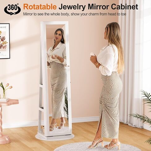 OUTDOOR DOIT 360° Rotating LED Jewelry Armoire with Lockable,Full Length Mirror Large Capacity 3 Color Dimmable Jewelry Organizer Armoire,Floor Standing Mirror with Back Storage Shelves for Bedroom in Saudi Arabia