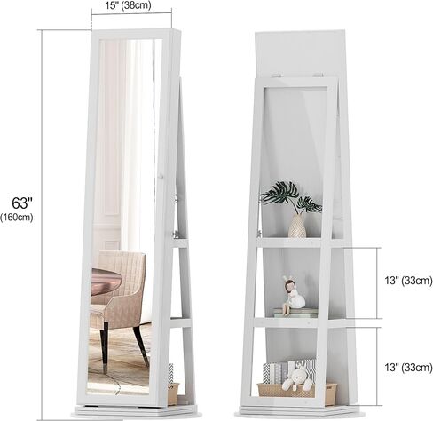 OUTDOOR DOIT 360° Rotating LED Jewelry Armoire with Lockable,Full Length Mirror Large Capacity 3 Color Dimmable Jewelry Organizer Armoire,Floor Standing Mirror with Back Storage Shelves for Bedroom in Saudi Arabia